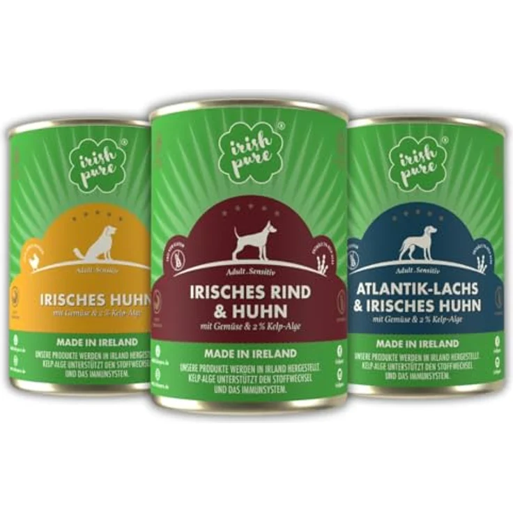 Irish Pure Premium Nassfutter für Hunde, Gemischte Sorten mit Atlantik-Lachs, Weiderind und Huhn, Getreidefrei, Sensitiv mit Superfood Kelp-Alge, 3x 390g – Bild 1
