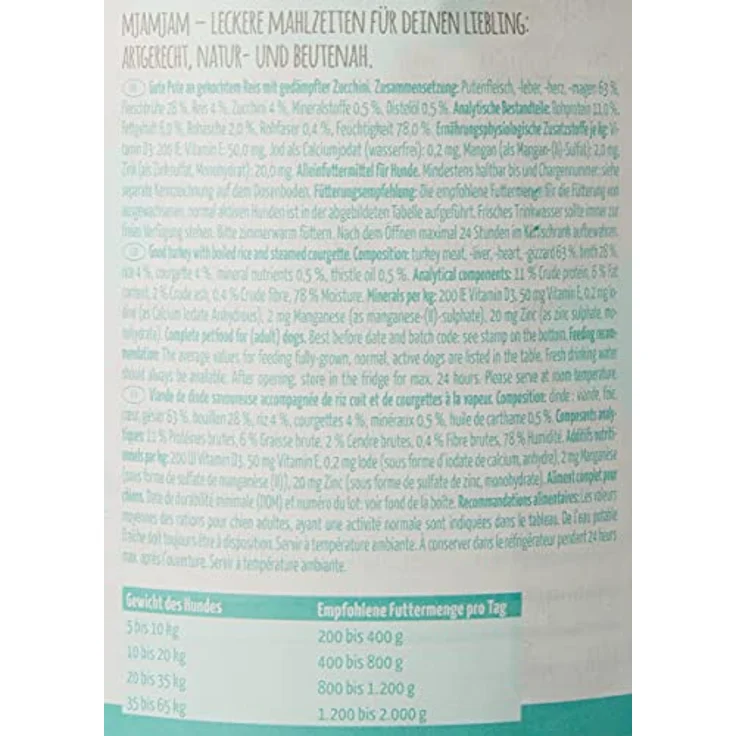 MjAMjAM Premium Nassfutter für Hunde, Mixpaket I, Huhn & Ente, Rind, Pute, 6er Pack (6 x 400 g), naturbelassen, glutenfrei, mit hohem Fleischanteil – Bild 4