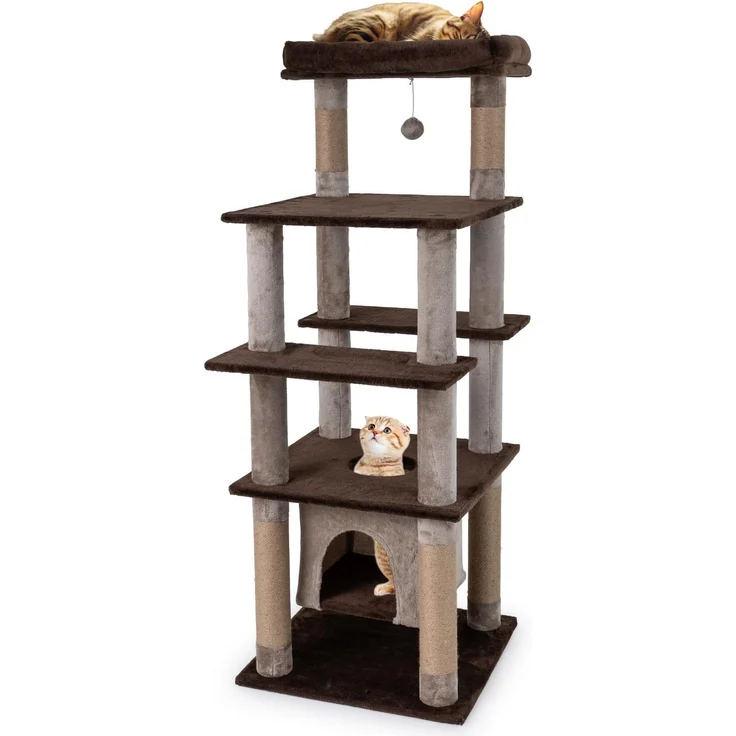 GOPLUS Kratzbaum groß, Katzenturm 148 cm in Braun mit Liegebett, Sisal Kratzpfosten, hängendem Ball & gepolsterter Kuschelhöhle