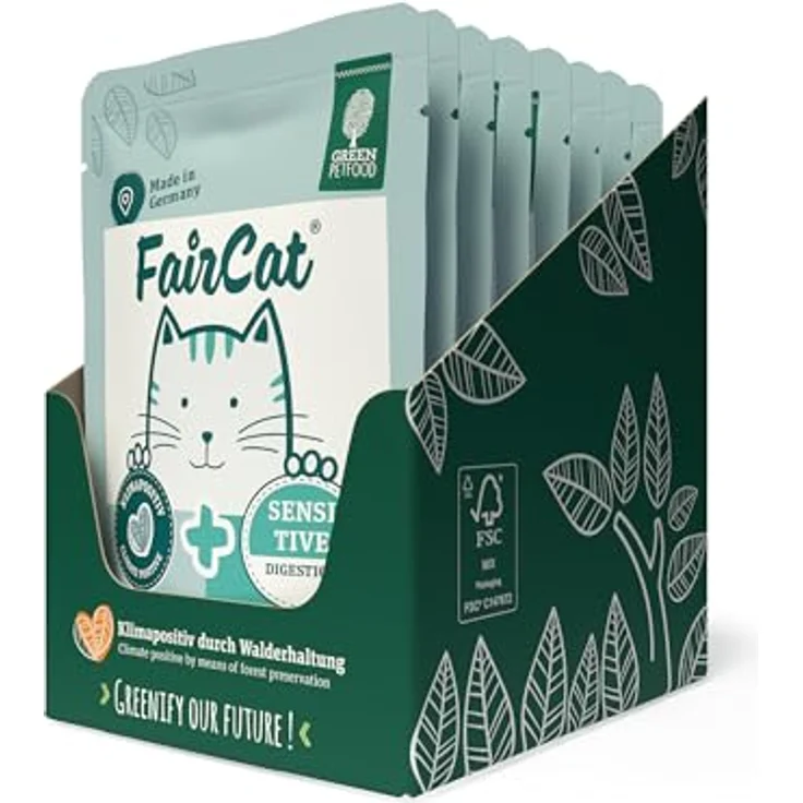 Green Petfood FairCat Sensitive, getreidefreies Katzen-Nassfutter mit Flohsamenschalen & Fenchel, 8 x 85 g für wählerische Katzen, angenehmer Duft, ohne Tierversuche – Bild 1