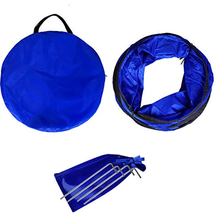 lionto Outdoor Tunnel für Hunde, 200x40 cm, Faltbarer Agility Tunnel mit Heringen aus reißfestem Material, blau – Bild 3