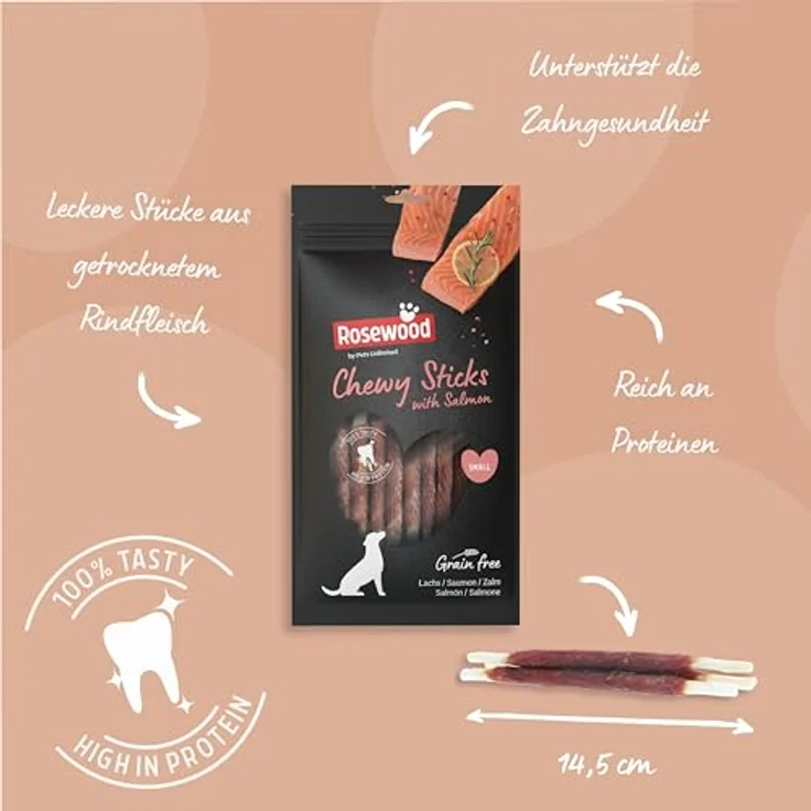 Rosewood Chewy Sticks Lachs Small – Kaustangen für Hunde mit Lachs, Rinderhautsnack, ohne Getreide, unterstützt die Zahnpflege, 72 g – Bild 3