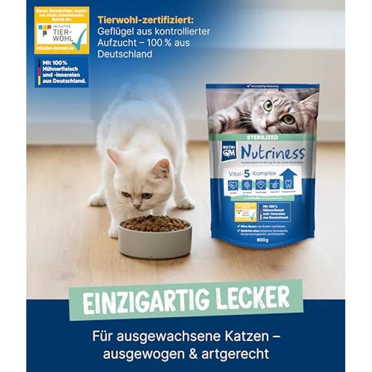 NutriQM Nutriness Adult Trockenfutter Sterilized, 5×800 g – ohne Gluten & Zucker, für sterilisierte Katzen, mit 48% Huhn, Initiative Tierwohl zertifiziert, Made in Germany – Bild 2