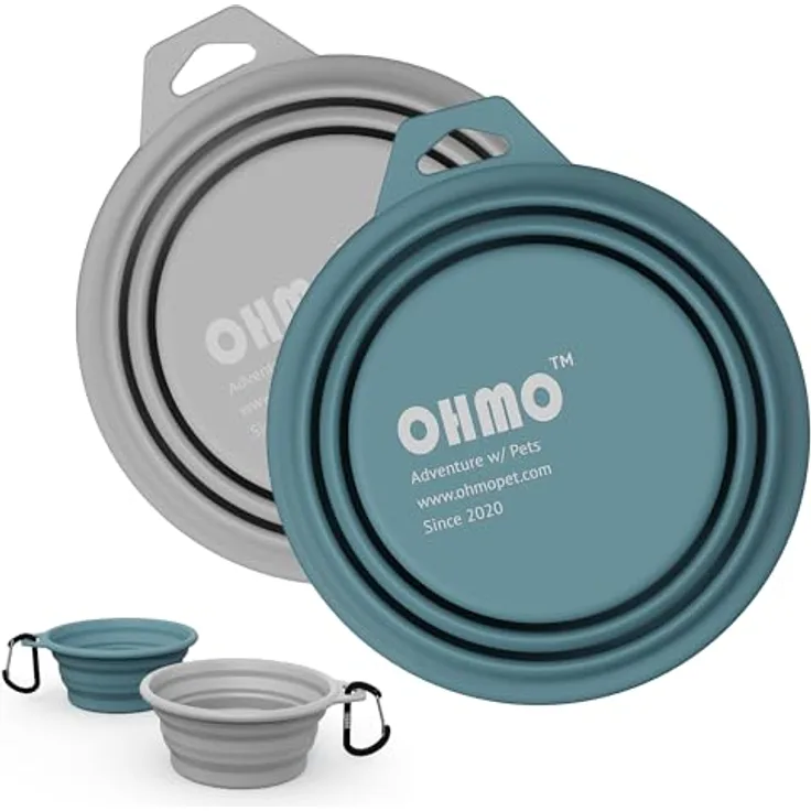 OHMO Faltbare Hundenäpfe, 2er Set 350ml, Premium Silikon in Hellblau & Asch, Tragbar für Camping und Wandern, sicher und leicht zu reinigen
