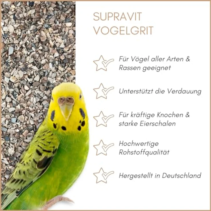 Supravit Vogelgrit 2,5kg – Mineralgrit mit Calcium für Wellensittiche, Papageien, Nymphensittiche, Tauben & Hühner – Verdauungshilfe & Ergänzungsfutter für gesunde Vögel – Bild 2