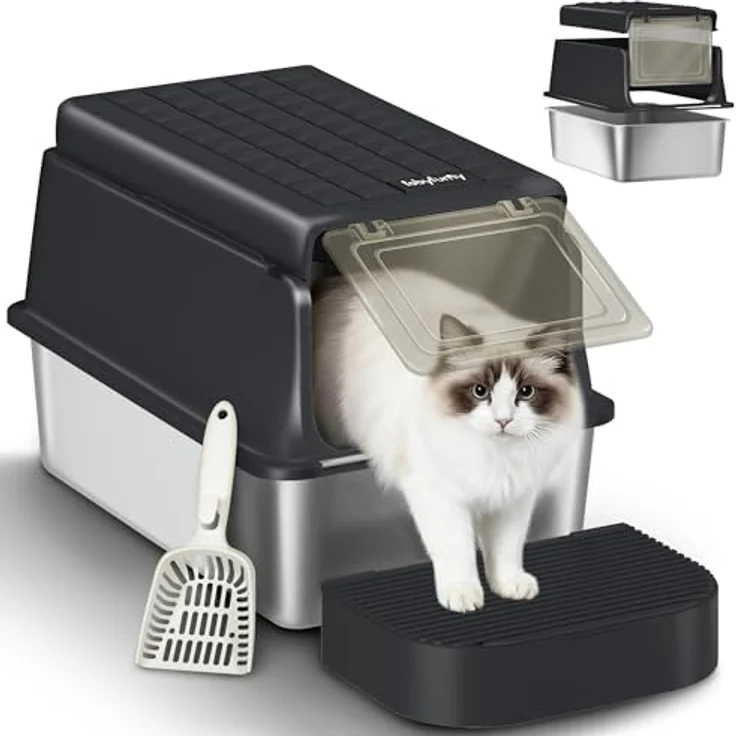 Fubyfurny XXL Edelstahl-Katzenklo mit Deckel, Geschlossene Katzentoilette mit Schaufel und Fußstufe, Leicht zu Reinigen, Schwarz, FPLB001SB1 – Bild 1
