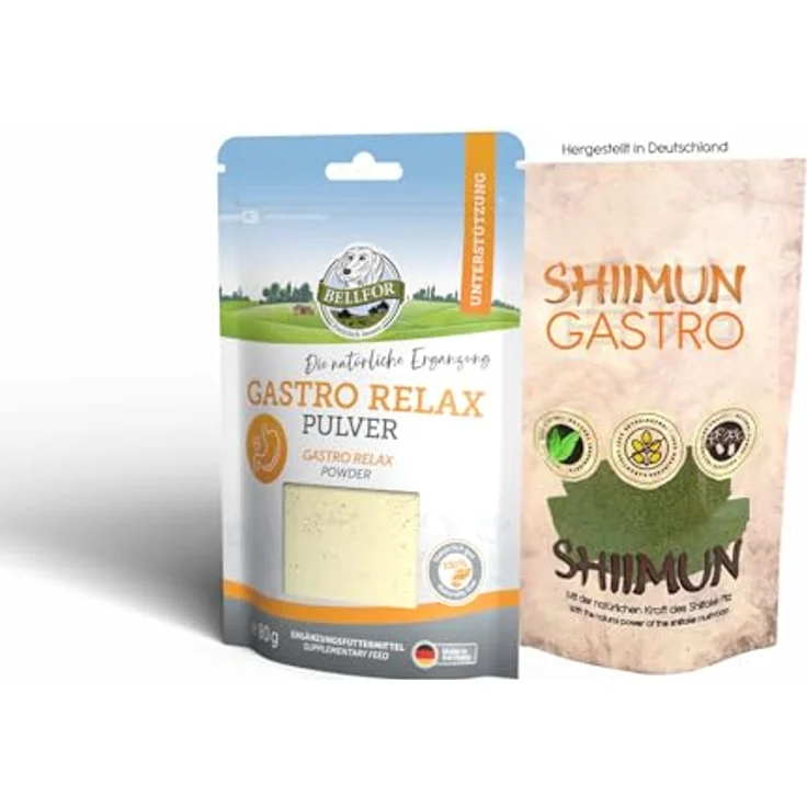 Bellfor Sparset für Hunde mit Verdauungsproblemen, Gastro Relax Pulver 80g + Shiimun Gastro Pulver 50g, natürliche Ergänzungsfuttermittel ohne künstliche Zusätze – Bild 1