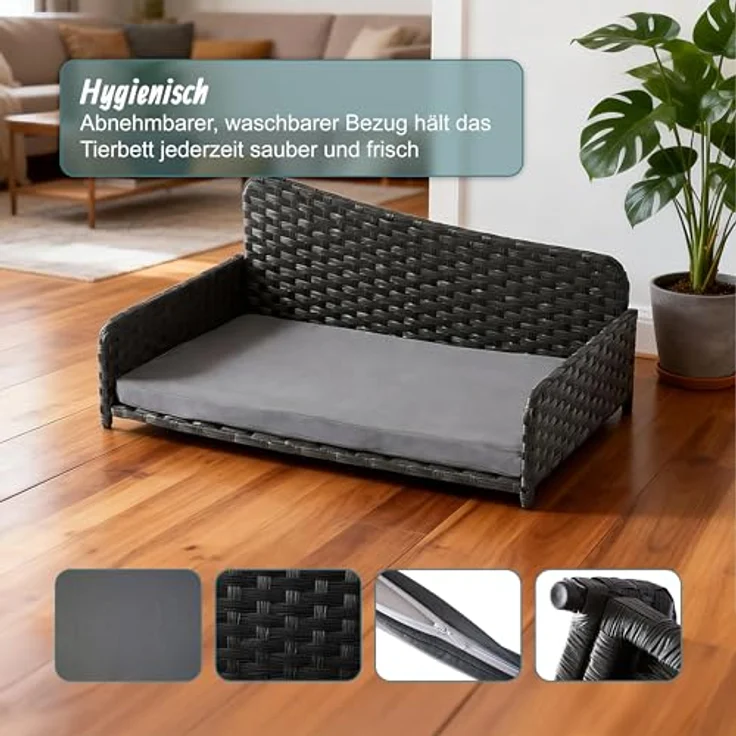 Relaxdays Hundebett Rattan XL, erhöhtes Hundesofa mit abnehmbarem Kissen, wetterfest für Indoor & Outdoor, grau, HBT: 38x87x49 cm – Bild 3