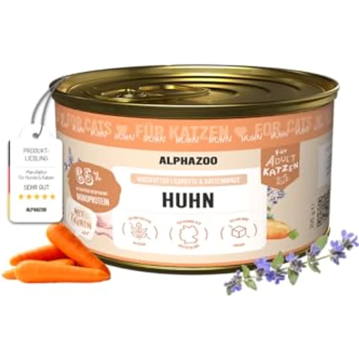 alphazoo Katzenfutter Monoprotein Huhn 6x200g – Getreidefrei & proteinreich mit Karotte, Lachsöl & Katzenminze – Für glänzendes Fell & gesunde Verdauung – Made in Germany – Bild 2
