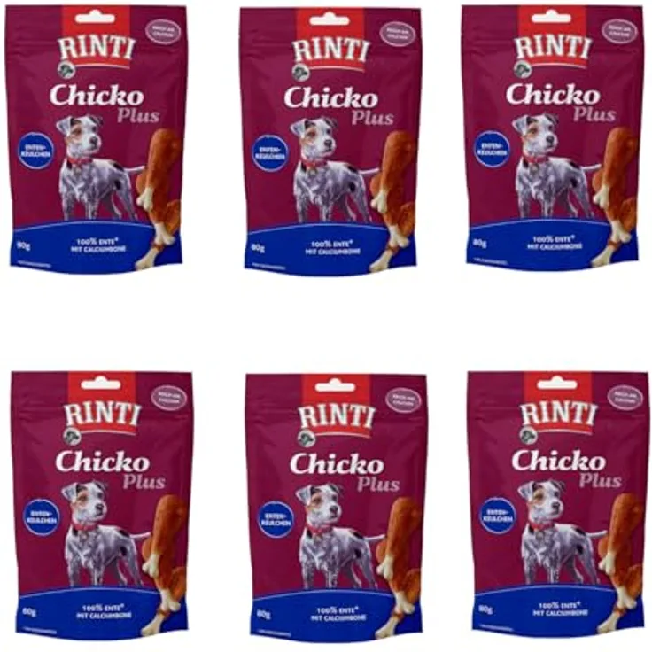 Rinti Chicko Plus Entenkeulchen, 6er Pack mit 6 x 80 g, aus frischem Entenbrustfilet, schonend luftgetrocknet, wiederverschließbar, ohne Soja und Fleischmehle