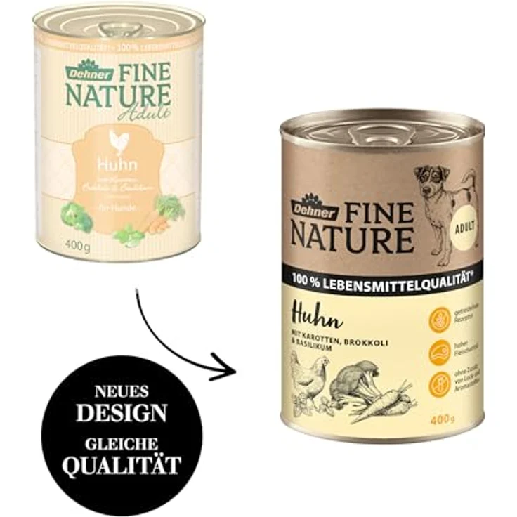 Dehner Fine Nature Hundefutter, Nassfutter in Lebensmittelqualität, für ausgewachsene Hunde, Huhn mit Gemüse, 6 x 400 g Dose (2.4 kg) – Bild 4