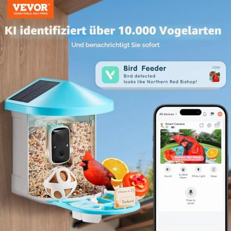 VEVOR Vogelfutterhaus mit 2K HD Kamera, KI Vogelerkennung für über 10.000 Vogelarten, solarbetrieben mit automatischer Aufnahme und Benachrichtigung, 2 Solarmodule – Bild 2