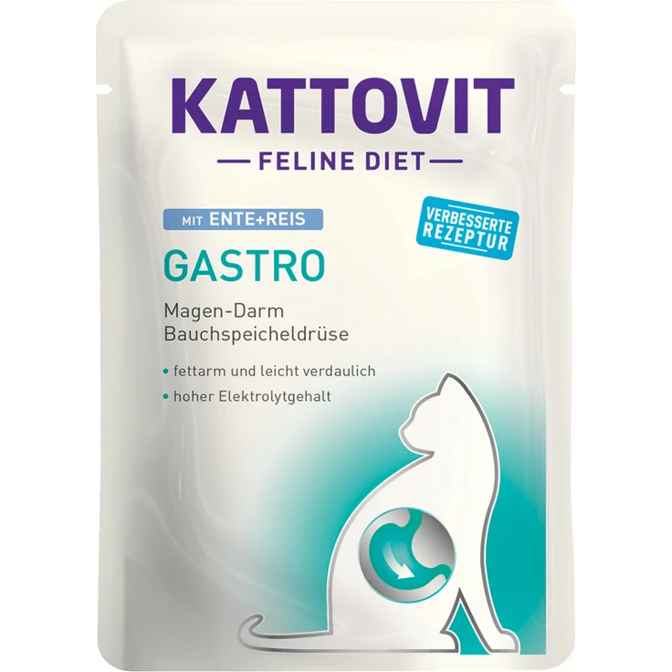 Kattovit Feline Gastro Pouch, Diät-Nassfutter für Katzen, 24 x 85 g, Ente & Reis, leicht verdaulich, hoher Elektrolytgehalt