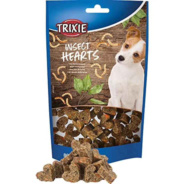 TRIXIE Hundeleckerli Insekten Snack Hearts mit Mehlwürmern, glutenfreie proteinreiche Snacks für Hunde, ohne Getreide & Zucker, 80g