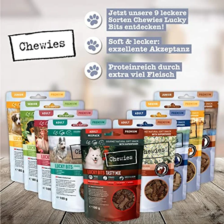 Chewies Lucky Bits Rind & Huhn Junior, getreidefreies Hundeleckerli für Welpen mit viel Protein und Superfoods, Soft & ohne Zucker, 80 g – Bild 3