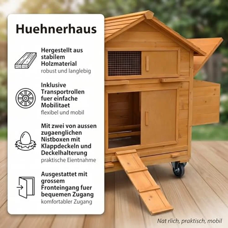 Mucola Rollbarer Hühnerstall aus Holz, inkl. 2 Nestboxen, Wetterfest, Schutz vor Bodennässe und Kälte, Natur/Braun – Bild 2