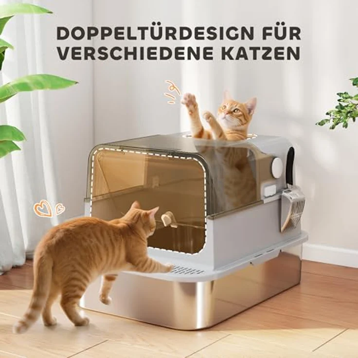 PawHut XXL Katzenklo Edelstahl mit Deckel, Doppeltüren, ausziehbarem Tablett, geruchsresistent, für große Katzen bis 12 kg, 70x50x46,5cm, Grau – Bild 5