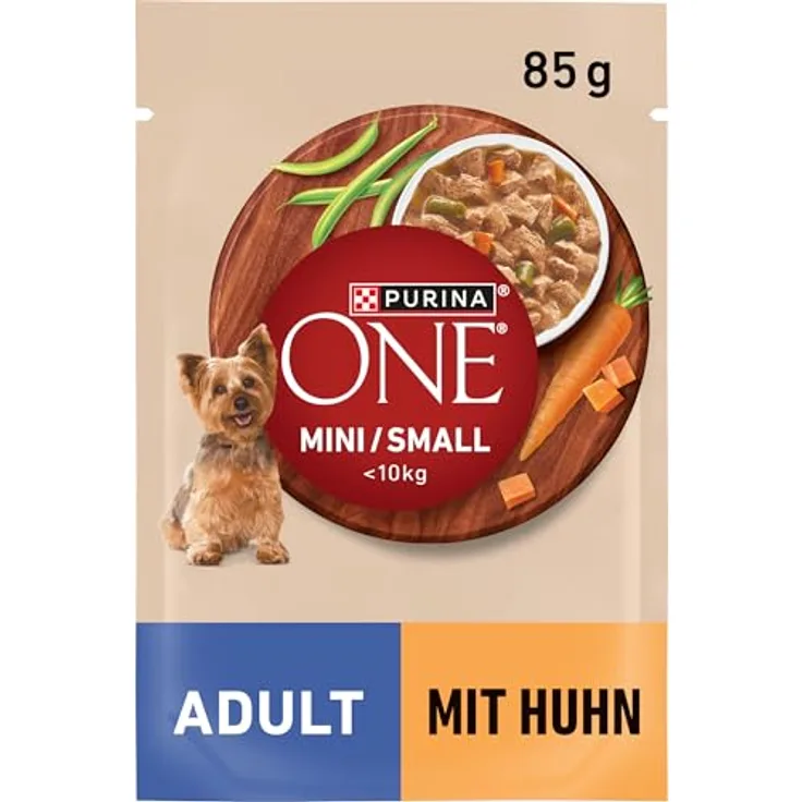 PURINA ONE Mini/Small Adult Hundefutter nass, reich an Huhn und Gemüse, 26er Pack (26 x 85g) für kleine Hunde bis 9kg