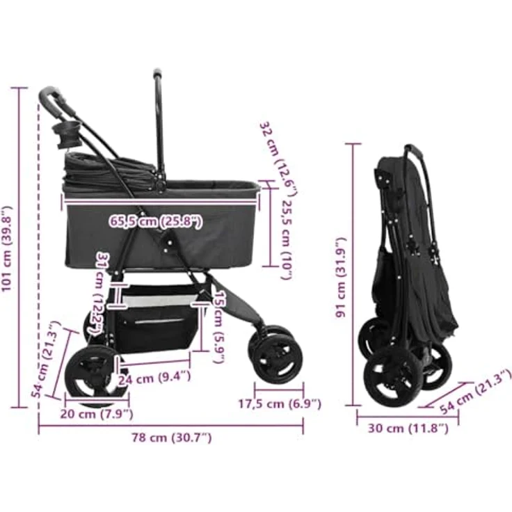 vidaXL Hunde-Transportbox Faltbarer Haustierwagen, Schwarz, 78 x 54 x 101 cm aus Oxford Stoff – Bild 2