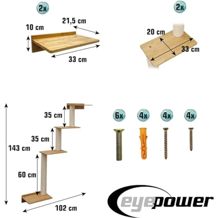 Eyepower Milo, 107 cm Wandkratzbaum mit 3 Plateaus und Sisal Kratzstämmen zur stabilen Wandmontage – Bild 5