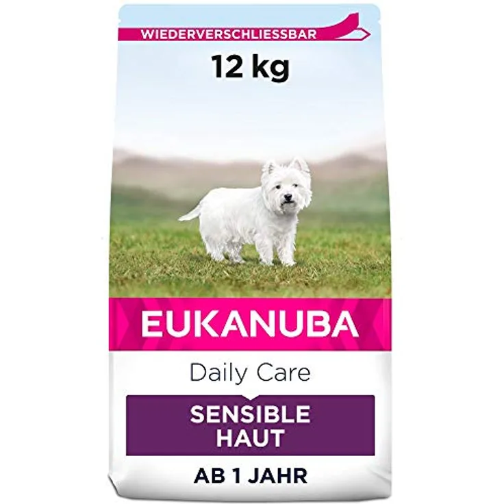 Eukanuba Daily Care Sensitive Skin, Trockenfutter für Hunde mit sensibler Haut, hypoallergenes Futter mit Fisch, 12 kg
