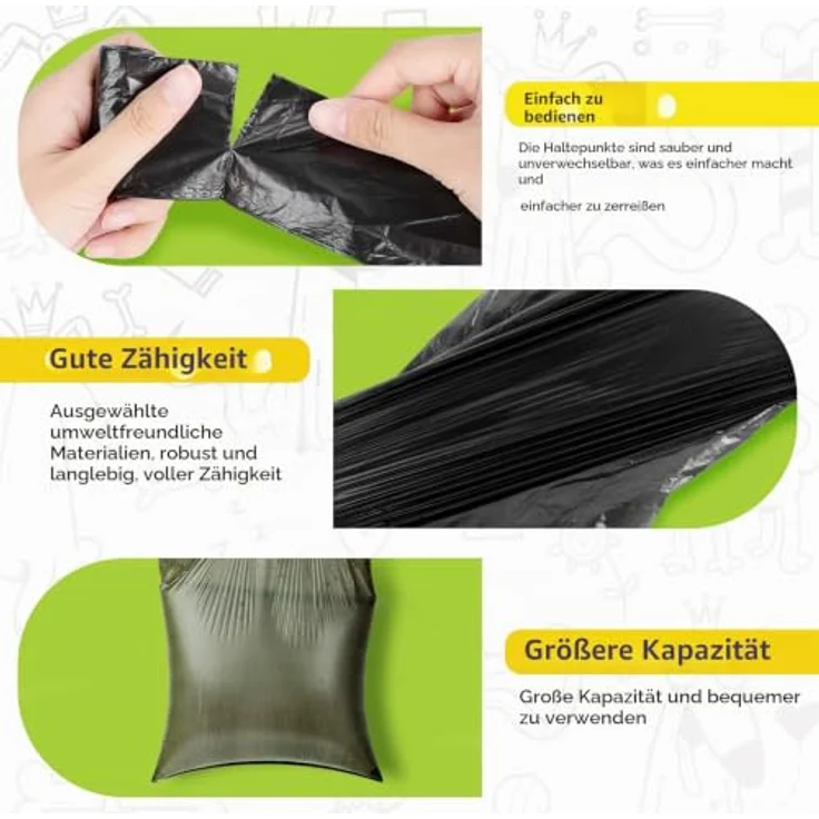 AiQInu Hundekotbeutel 225 Stück, Tragbare, Unparfümierte Kotbeutel Rollen, Schwarz, 22 x 30 cm (15 Rollen, 15 pro Rolle) – Bild 4
