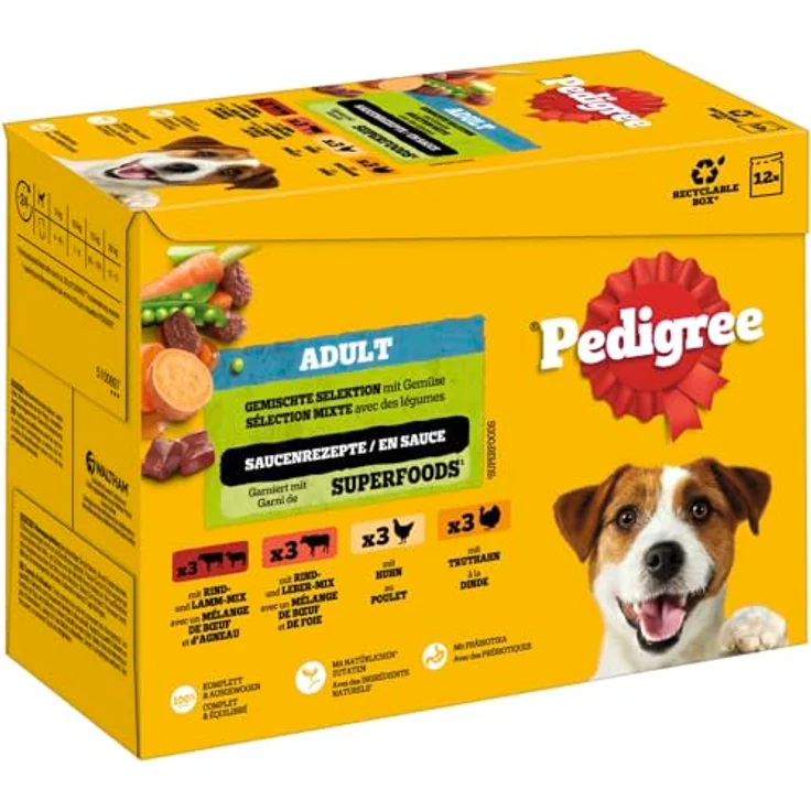 Pedigree Nassfutter Hund Adult, Multipack Gemischte-Selektion mit Gemüse in Sauce, 12x100 g, für gesunde Ernährung und natürliche Abwehrkräfte – Bild 1