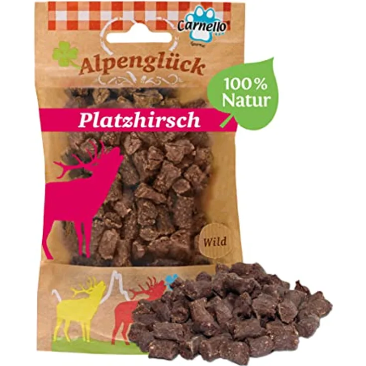 Carnello Alpenglück Platzhirsch Hundesnack, getreidefreies Hundefutter trocken, reich an Mineralien, 60g wiederverschließbarer Beutel