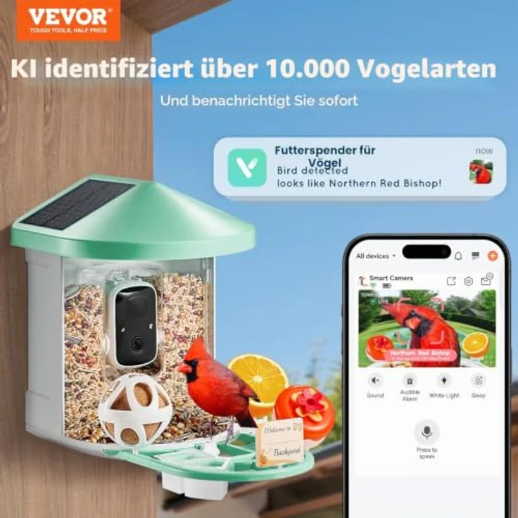 VEVOR Vogelfutterhaus mit Kamera 2K HD, KI Vogelerkennung für über 10.000 Vogelarten, solarbetrieben mit automatischer Aufnahme und Benachrichtigung, Grün – Bild 2