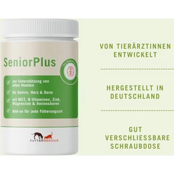 Futtermedicus SeniorPlus, Ergänzungsfuttermittel für ältere Hunde, 200 g mit Kokosöl, Taurin und Ballaststoffen zur Unterstützung von Nerven, Herz und Verdauung – Bild 3