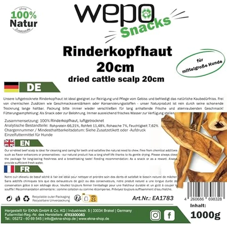 WEPO Rinderkopfhaut für Hunde groß 1kg - getrockneter Kausnack 20cm für natürliche Zahnreinigung, 100% naturbelassen, fettarm & proteinreich – Bild 2