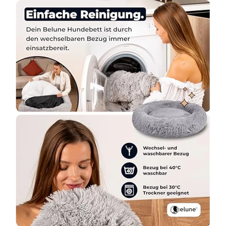 Belune® Hundebett XXL, 140cm, Weiß - Waschbarer Bezug, 100% veganes Kunstfell, rutschfest, mit komfortablem Polsterrand, für große, mittelgroße & kleine Hunde – Bild 4