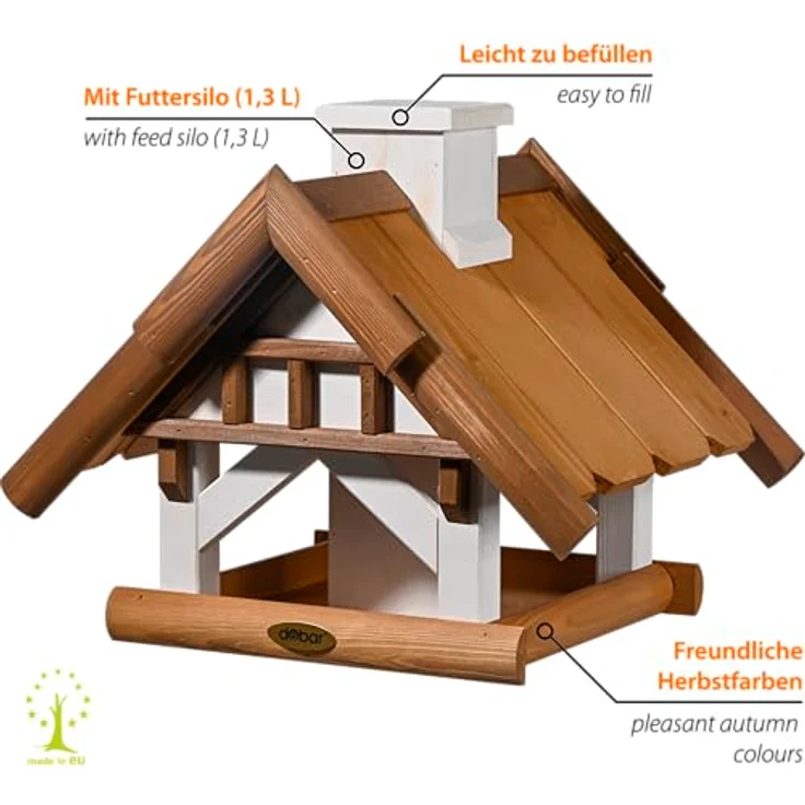 dobar® Großes Vogelhaus Goldener Oktober, Futterstation für Wildvögel, 1,3 Liter Futtersilo, 39 x 39 x 35 cm, Braun/Weiß – Bild 3