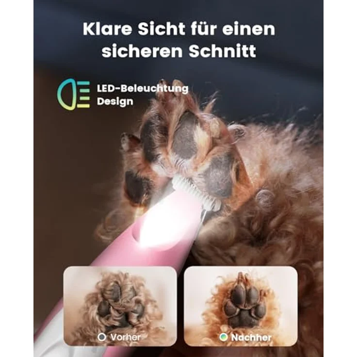 oneisall Pfotentrimmer Paw Trim Pro, Wiederaufladbar mit LED-Licht, Leiser Hundepfoten Trimmer für Pfoten, Augen, Ohren, Gesicht, Rosa – Bild 3