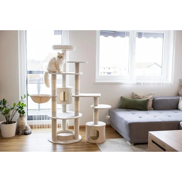KERBL Kratzbaum Annika, 164 cm hoch, beige, mit Sisal umwickelt, inkl. gepolsterten Liegebetten und Höhlen für Katzen – Bild 5