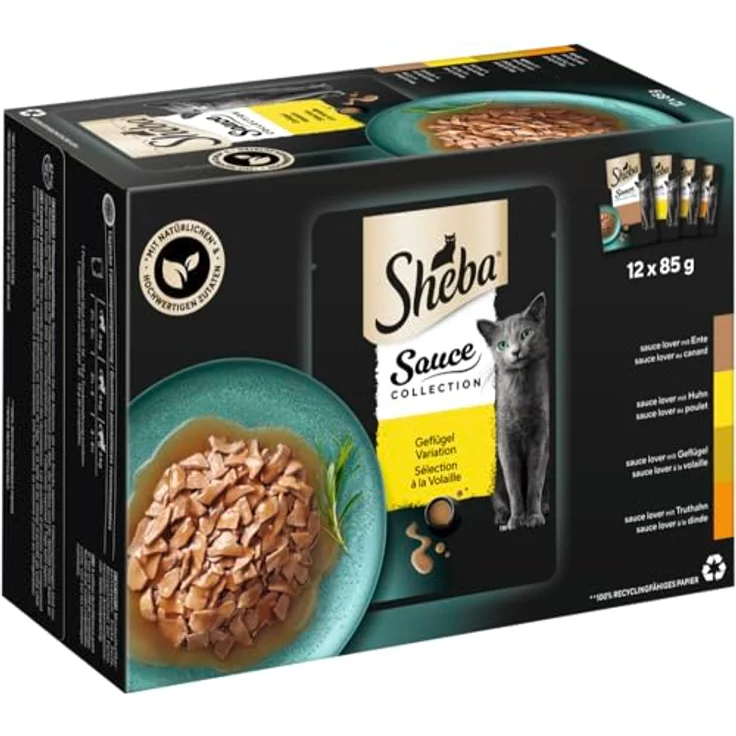 SHEBA® Portionsbeutel Multipack Sauce Collection Geflügel, 12 x 85g, Katzennassfutter mit Huhn, Ente, Geflügel und Truthahn in herzhafter Sauce – Bild 1