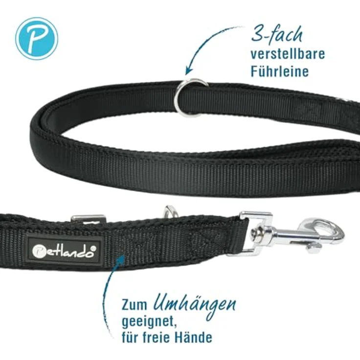 Petlando Hundeleine 2m Mesh weich gepolstert, Schwarz, 3-fach verstellbar für mittelgroße Hunde, 230x2,5cm – Bild 2