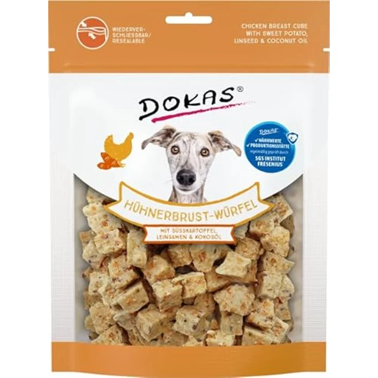 Dokas Hühnerbrust-Würfel mit Süsskartoffel, Leinsamen und Kokosöl, getreidefreier Hundesnack für ausgewachsene Hunde, 150g – Bild 2