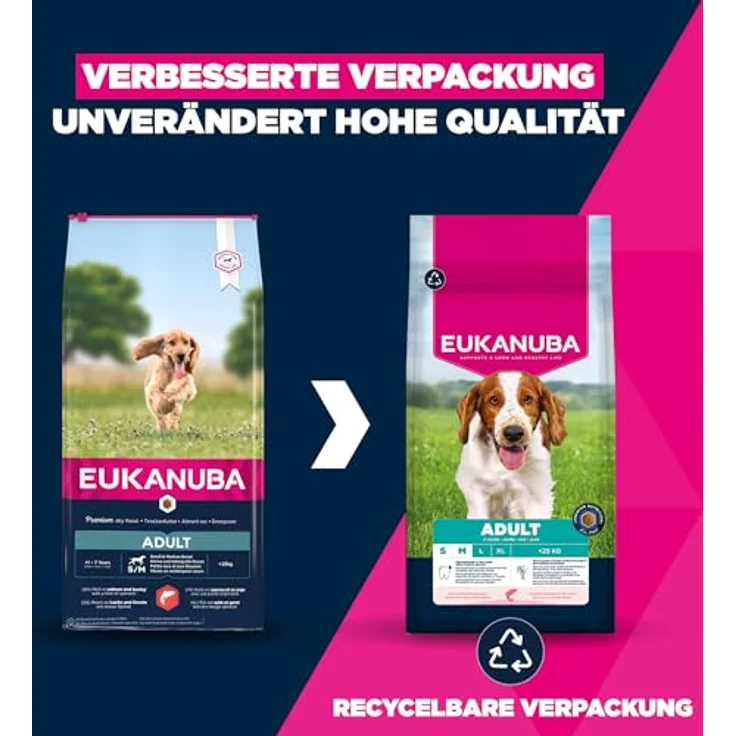 Eukanuba Hundefutter Trocken mit Lachs und Gerste, Premium für kleine und mittelgroße Rassen, 12 kg, mit L-Carnitin und DentaDefense – Bild 2