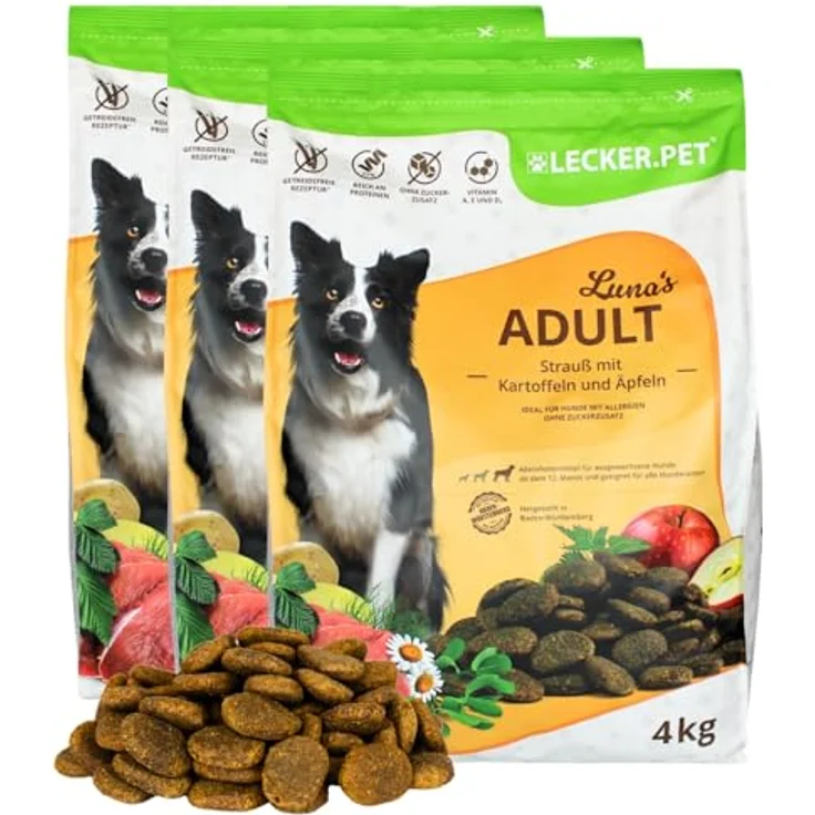 Lyra Pet Lecker.Pet® Luna's Strauß mit Kartoffel & Apfel, 12 kg, getreidefreies Hunde Trockenfutter für Erwachsene, hochwertige Vollnahrung – Bild 1