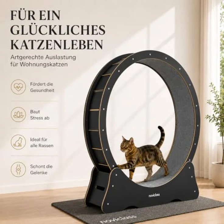noviclass® Katzenlaufrad Baghira Groß XXL, 132 cm Durchmesser, inkl. Anti-Vibrationsmatte, kurzfloriger Teppich in Schwarz mit beigem Teppich – Bild 2