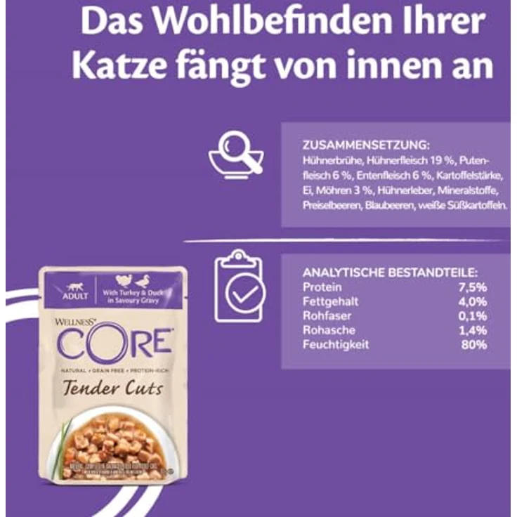 Wellness CORE Tender Cuts, Pute Selection Mix, 6 x 85 g, Premium Nassfutter für Katzen in Sauce, getreidefrei, ohne Zuckerzusatz, hoher Fleischanteil – Bild 5