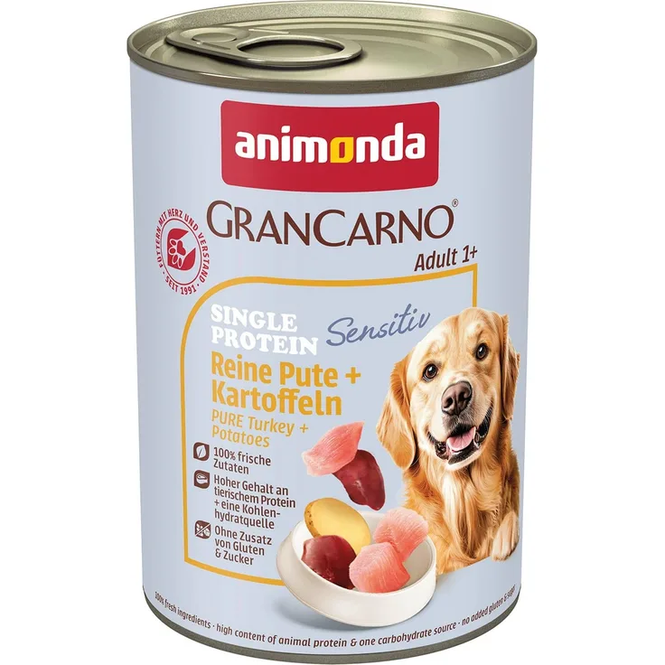 animonda GranCarno Sensitiv Pute und Kartoffel, Getreidefreies Hunde-Nassfutter mit Monoprotein, 6x400g