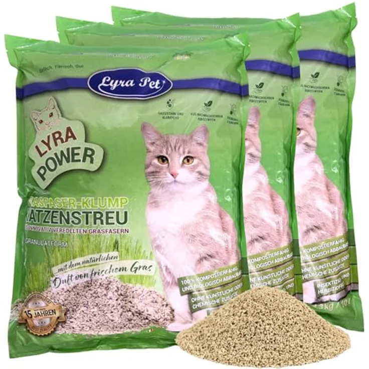 Lyra Pet® Lyra Power Grasfaser Klump Katzenstreu, 3 x 10 Liter, natürliche und biologisch abbaubare Streu mit 500% Saugkraft, staubarm und parfümfrei, geeignet für empfindliche Katzen