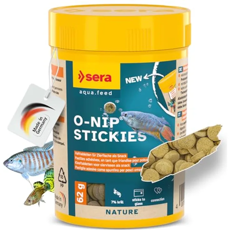 sera O-Nip Stickies 100 ml (62 g), haftende Leckerbissen-Tabs für Zierfische mit Mückenlarven, Tubifex & 7% Krill, nährstoffreich und ideal zur Fütterungsbeobachtung am Aquarium