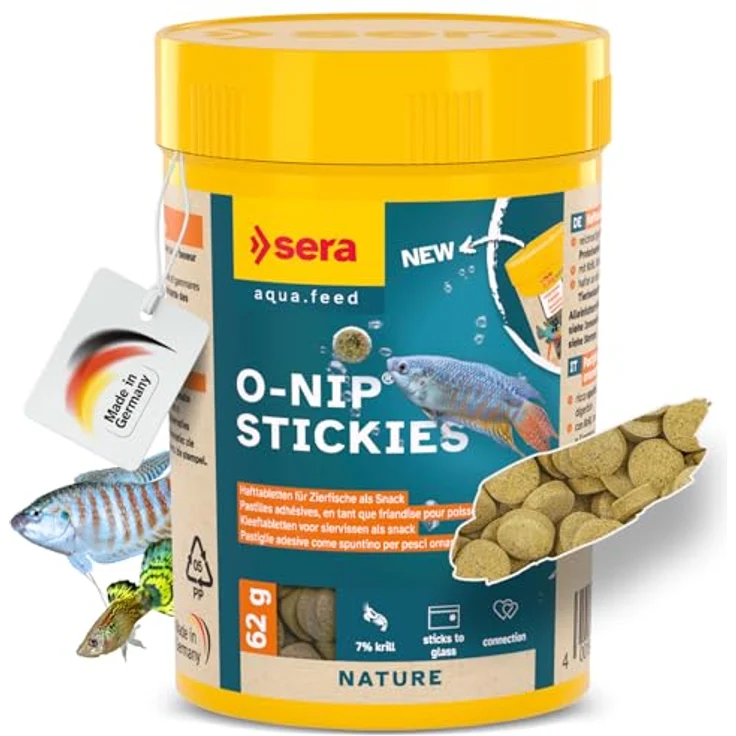 sera O-Nip Stickies 100 ml (62 g), haftende Leckerbissen-Tabs für Zierfische mit Mückenlarven, Tubifex & 7% Krill, nährstoffreich und ideal zur Fütterungsbeobachtung am Aquarium – Bild 1