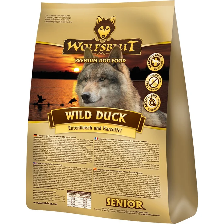 Wolfsblut Wild Duck Senior, Hunde-Trockenfutter mit Ente und Superfoods, 2kg, getreidefrei für ausgewachsene Hunde ab 7 Jahren – Bild 1