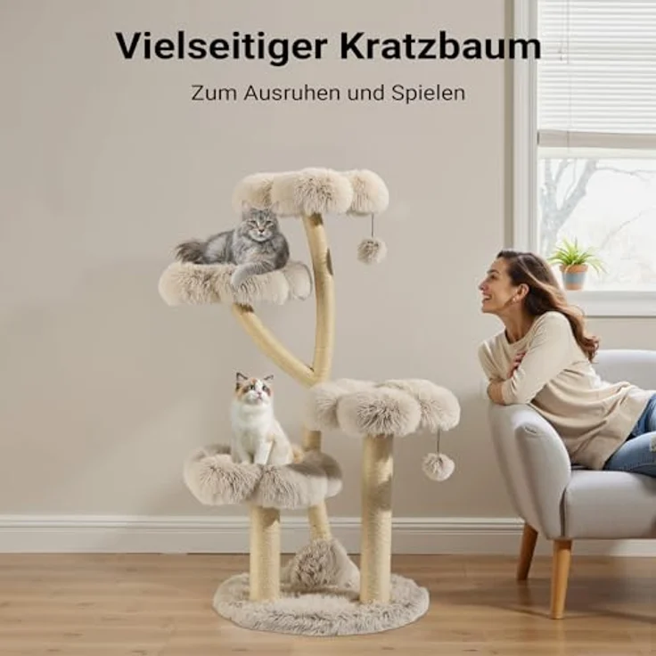 Wiltec Fudajo Designer Kratzbaum 123cm, Katzenkratzbaum in Creme und Grau, Kratzmöbel für Katzen – Bild 7