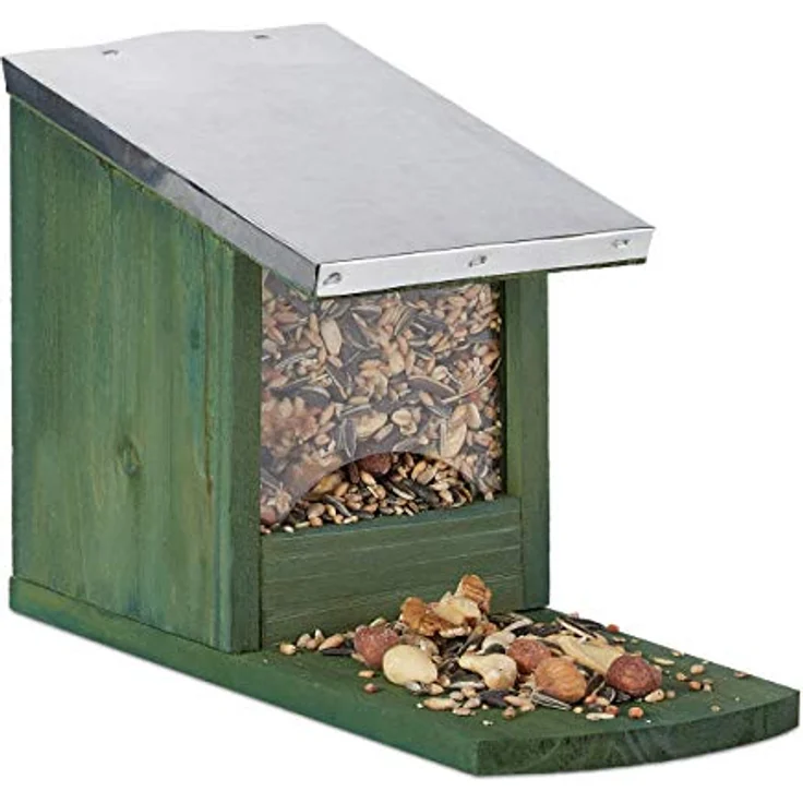 Relaxdays - Eichhörnchen Futterhaus, Holz Futterstation, wetterfest, Metalldach, Eichhörnchenhaus zum Stellen, dunkelgrün – Bild 2