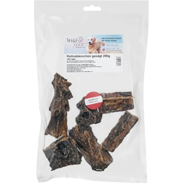 Wild & Fein Rehhalsknochen, gesägt - 200 g, getrockneter Hundesnack für mittelgroße und große Hunde, calciumreich, ohne Zusatzstoffe